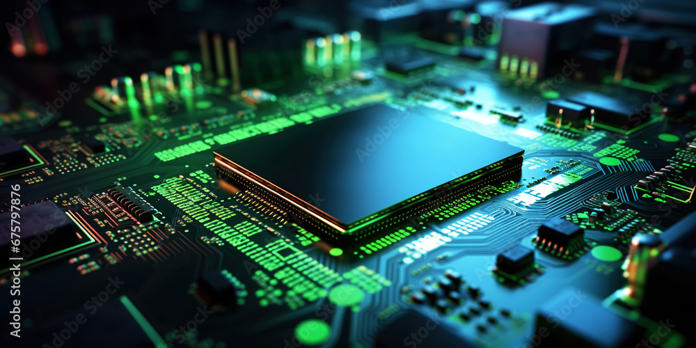 Heart of the Machine: Microprocessor in Green Glow. Motherboad electronics. Generative AI