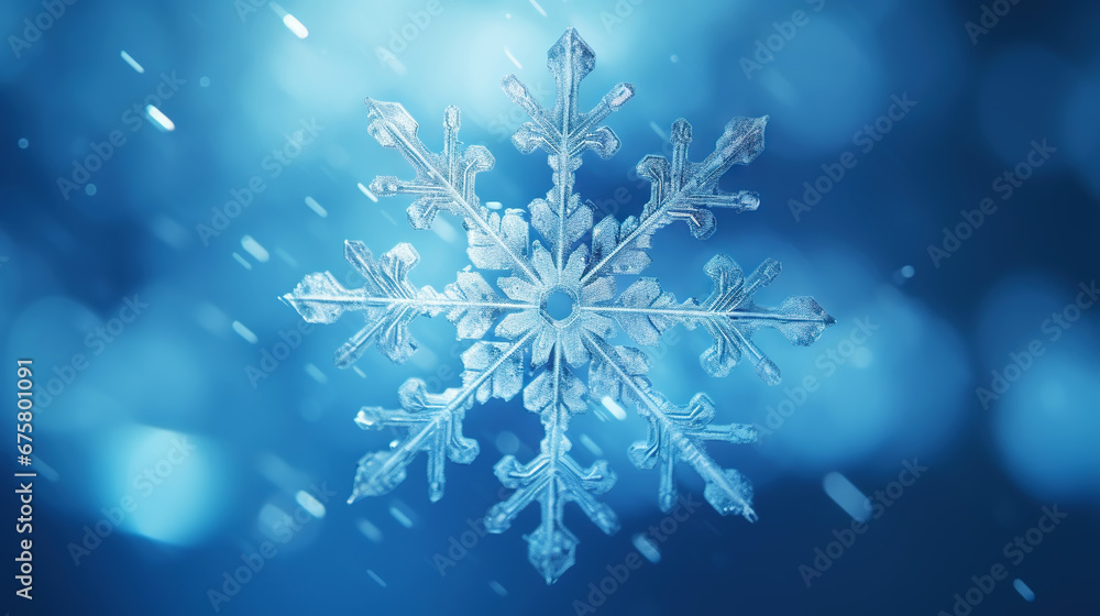 Close up of a glossy snowflake, macro photo of snow crystals on blue background. Generative AI