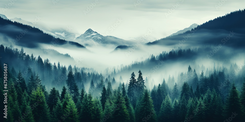 Misty mountain landscape with fir forest in vintage retro style. Generative AI