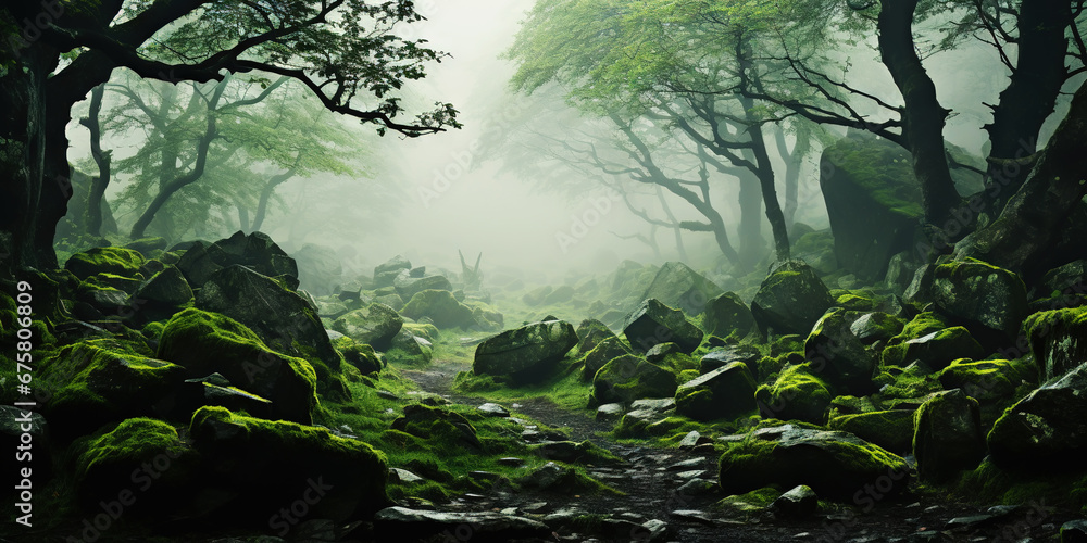 Misty forest with dare trees and rocks. Minimalistic scenery landscape. Generative AI