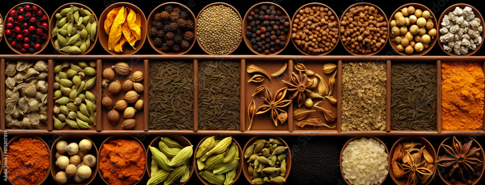 Collection of different aromatic spices, seeds and herbs in a wooden boxes, panoramic view from above. Generative AI