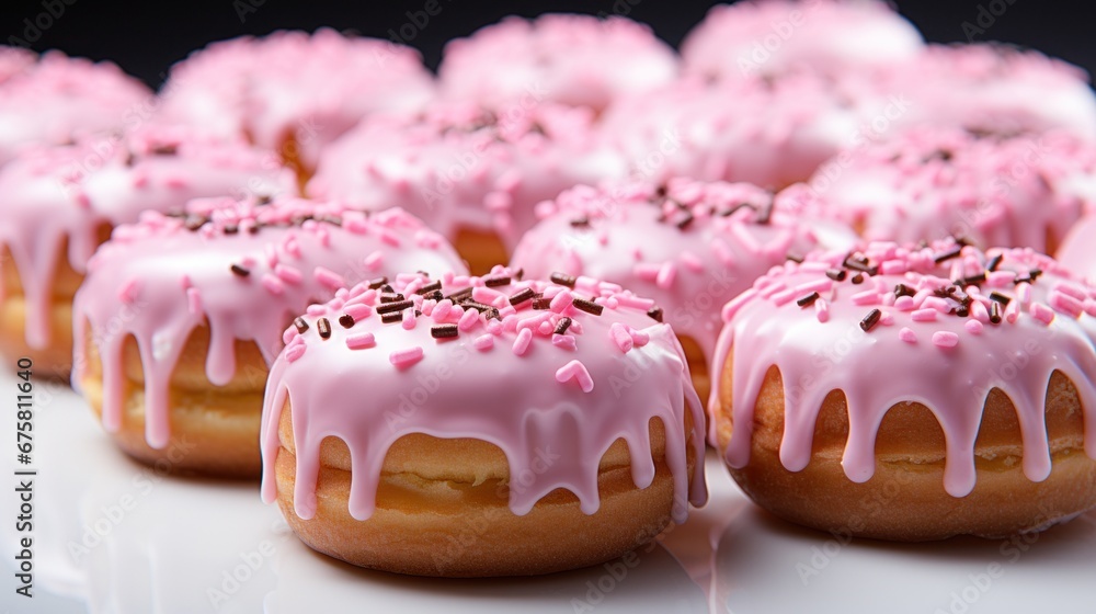 Close-up of variety of glazed delicious festive donuts with colourful sprinkles. Generative AI