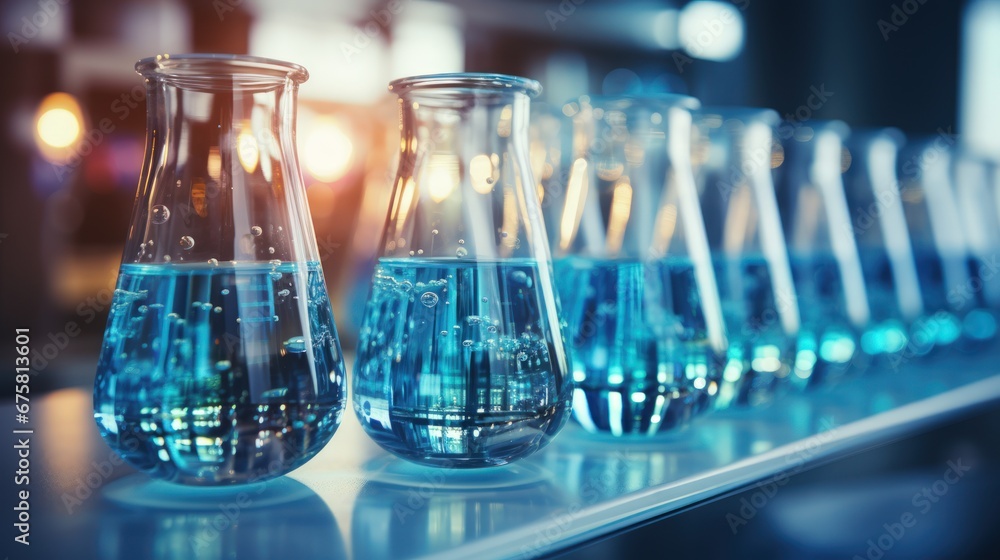 Close-up of blue glass flasks standing in row. Scientific chemistry research. Laboratory backdrop. Generative AI