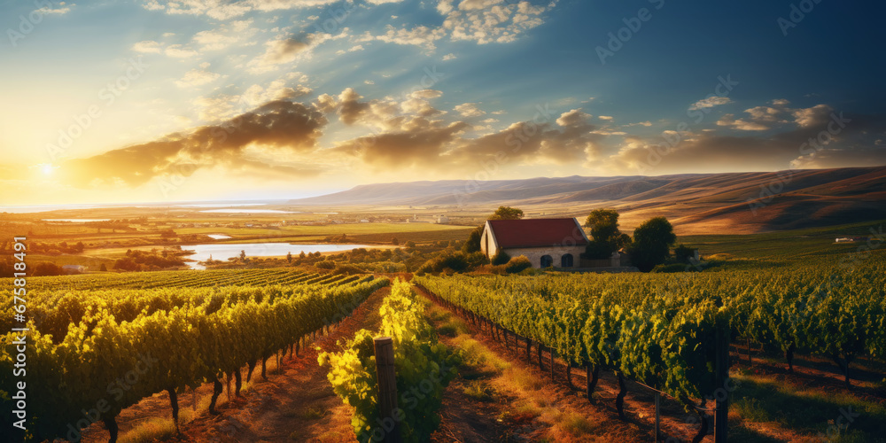 Vineyard landscape with an old winery building on a hill in a sunset sun rays. Rows of grapes. Generative AI