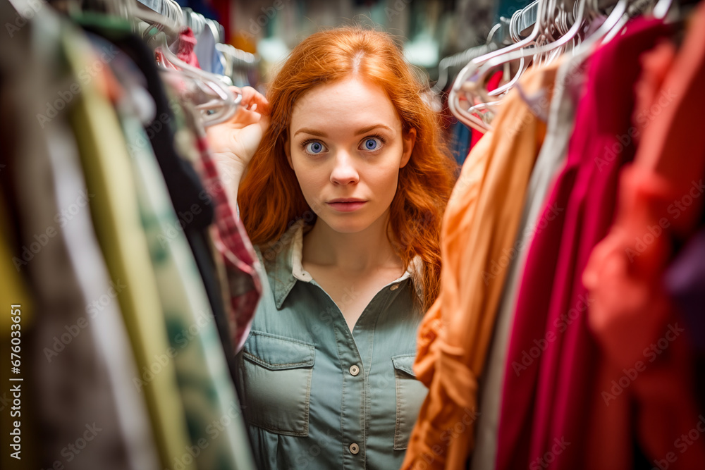 Young Woman can not choose what  wear. Funny girl indecision clothes choices, cleaning concept.  Emotional girl with worried face expression posing in her dresses room. Too much clothes.