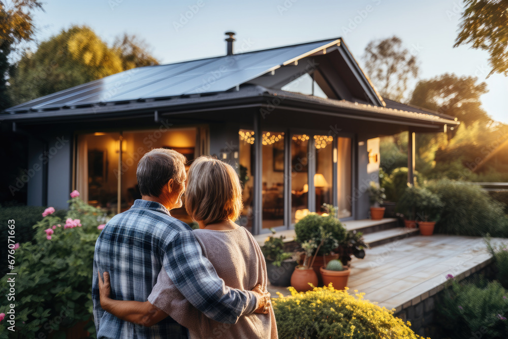 Men with middle aged wife standing near their house with solar panels, Alternative energy, Saving resources and sustainable lifestyle concept.