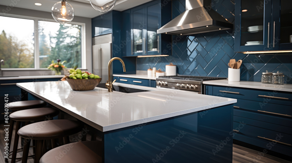 A modern kitchen renovation, The kitchen feature deep blue cabinets with white countertop.