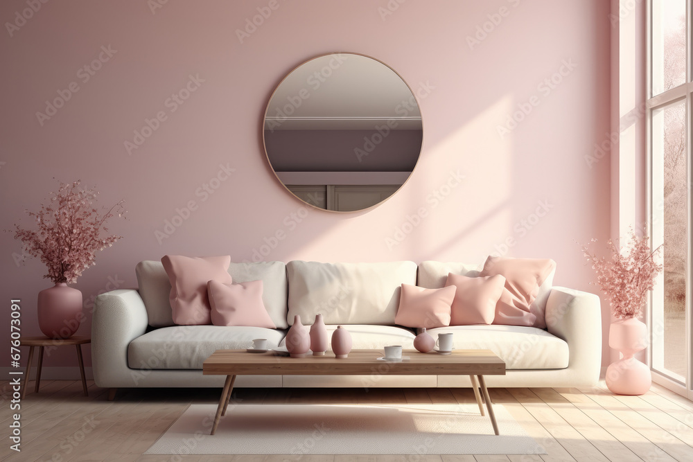 A living room render realistic warm minimalist style pale pink decoration white walls and mirror on the wall.