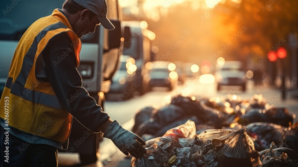 Close up hands of garbage Man working together in morning to picking plastic garbage to garbage truck.