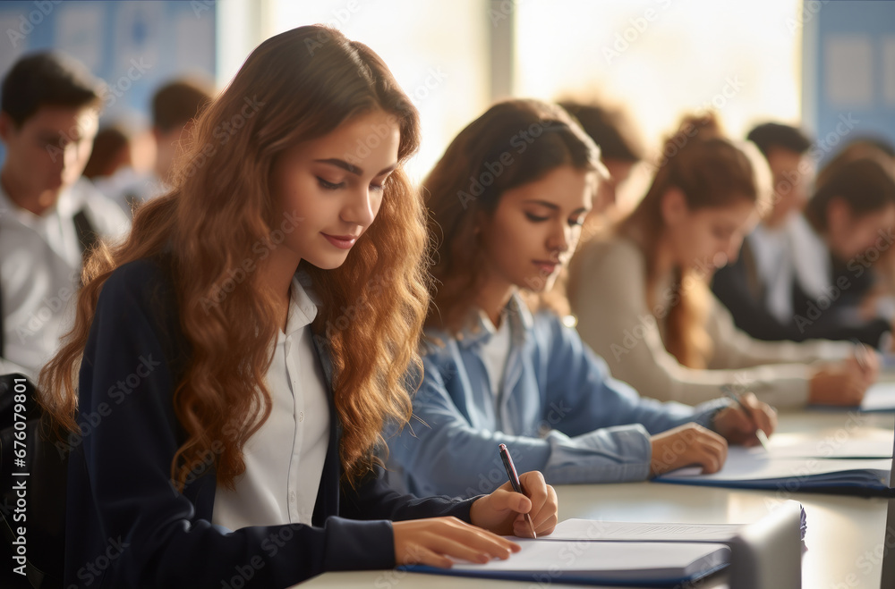 Group of young high school students sitting at the desk and writing notes during lesson in the classroom.