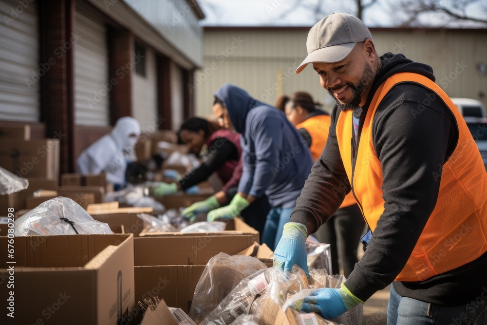 Volunteers engaging in neighborhood clean-up or helping at a food bank.