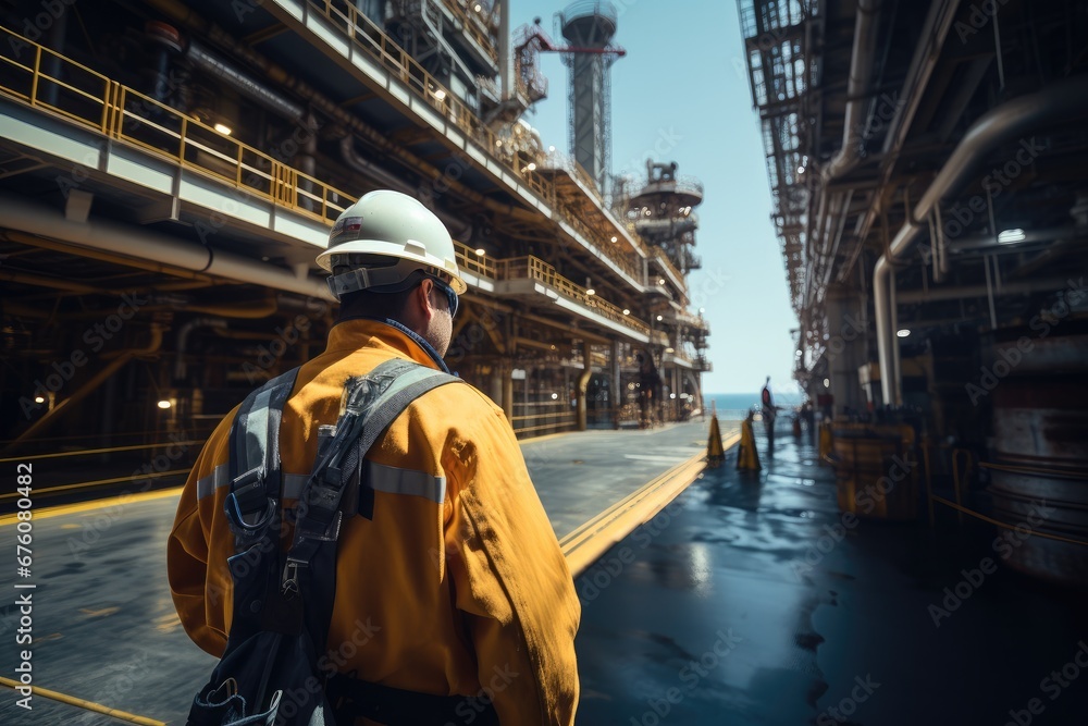 Natural gas workers in safety gear working on oil rig platform offshore.