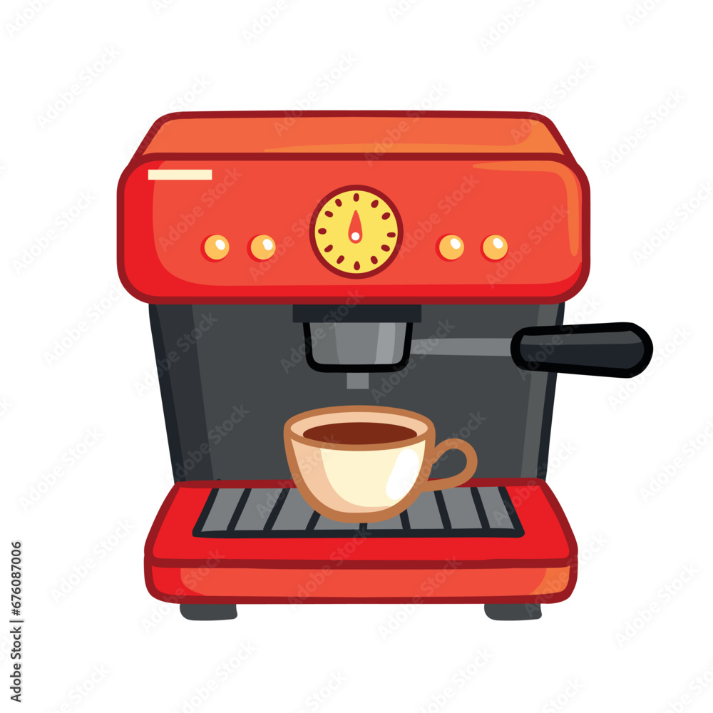 Red Coffee machine with a hot coffee cup in cartoon style. Vector illustration with espresso coffee machine isolated.