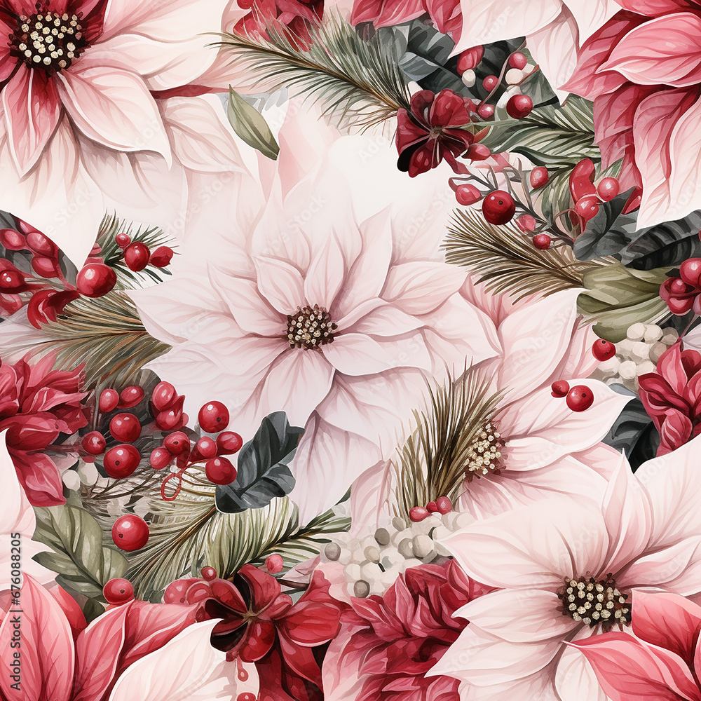 poinsettia christmas flower seamless pattern, watercolour