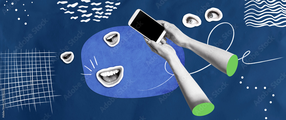 Person using a smartphone with eyes and mouth - Photo collage design