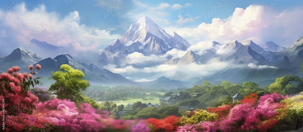 In the vintage garden surrounded by mountains the background of the sky painted a beautiful canvas of white clouds blooming flowers and vibrant floral colors creating a picturesque scene of