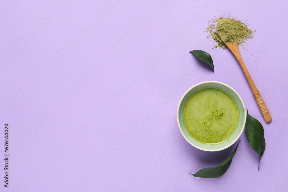 Composition with fresh matcha tea, powder and plant leaves on lilac background