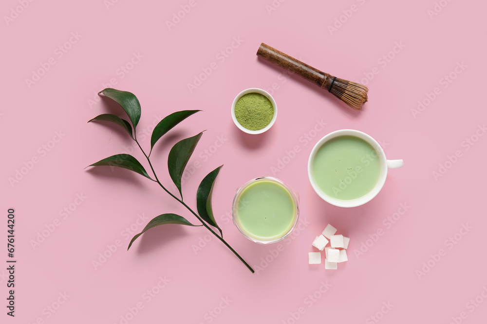 Composition with fresh matcha tea, powder and chasen on pink background