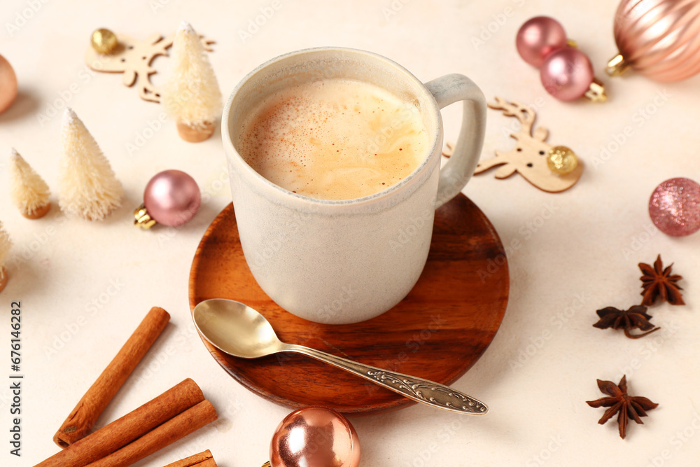 Beautiful composition with cup of coffee and Christmas decor on beige background