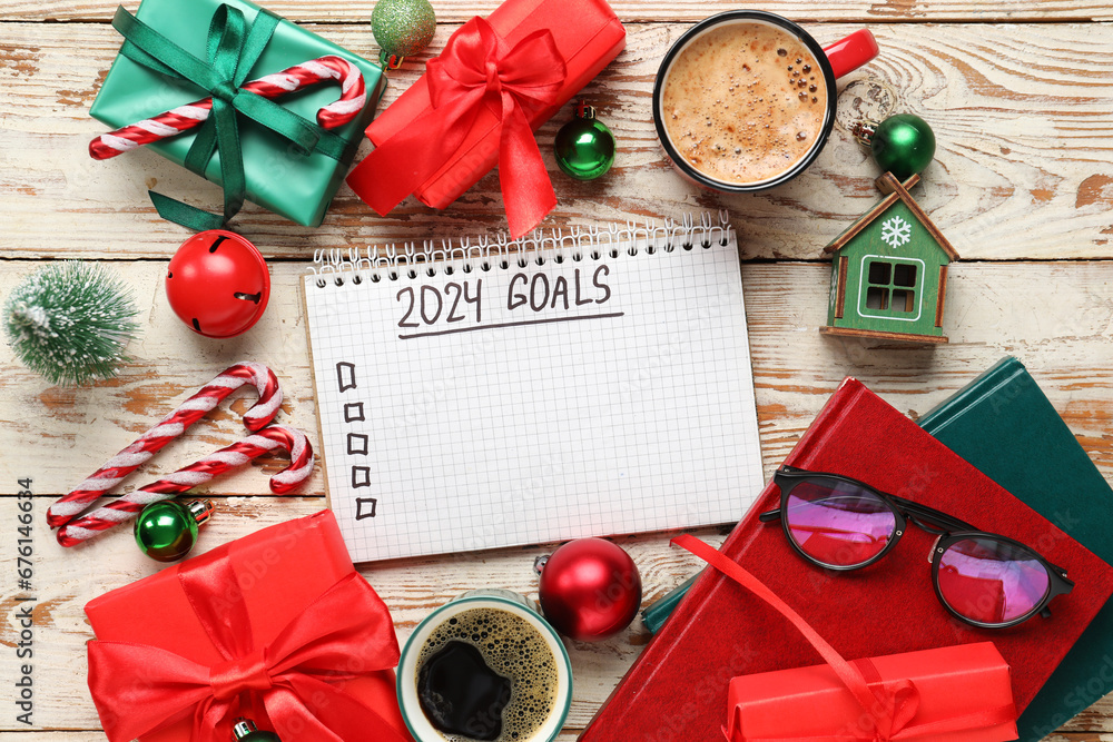 Composition with mugs of coffee, to do list and Christmas decor on white wooden background