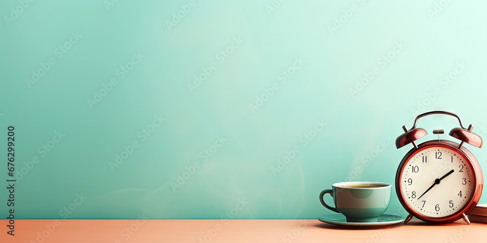 Vintage alarm clock and cup of coffee on the uniform pastel backdrop with a copy space. Generative AI