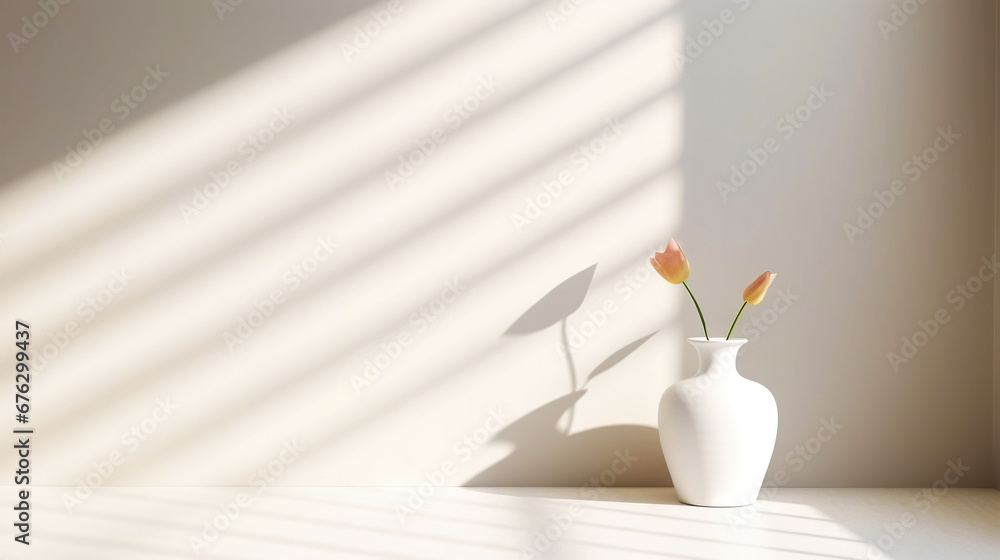 White empty room with vase for flowers, light background with shadows, sunlight Minimalistic concept. Generative AI