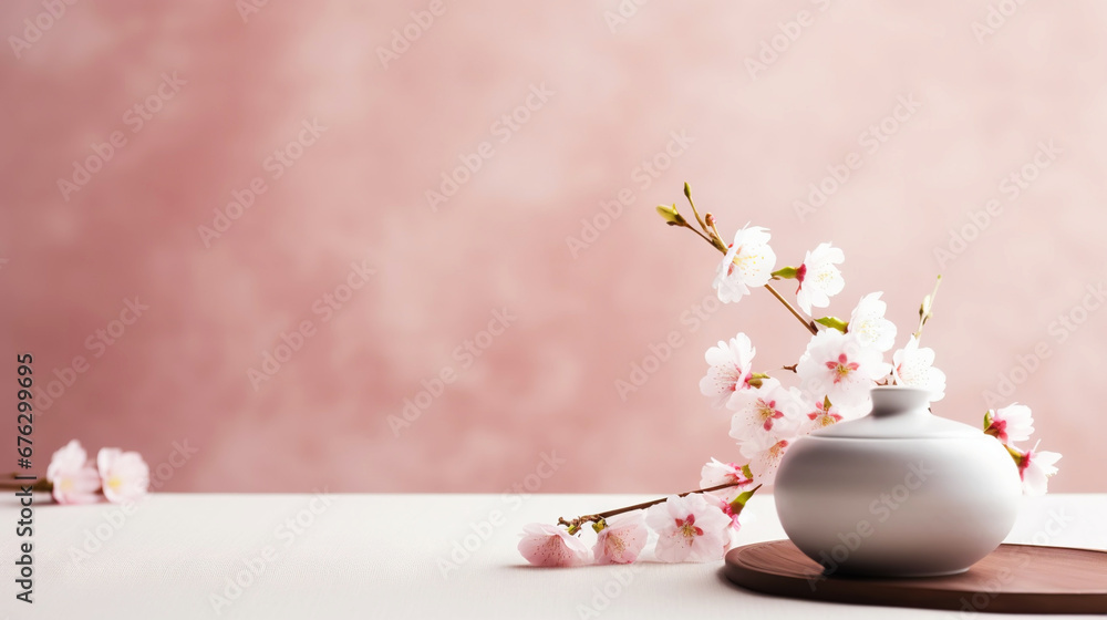 Tea ceremony, traditional teapot and ceramic cups on wooden tray on light background with sakura blossoms. Generative AI