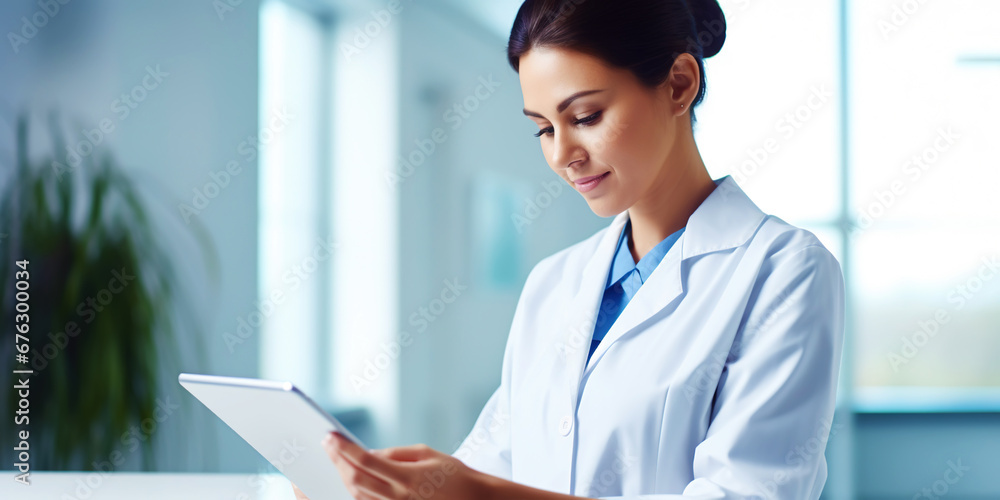 Medical hospital portrait: Confident female medical doctor using tablet . Healthcare concept. Generative AI