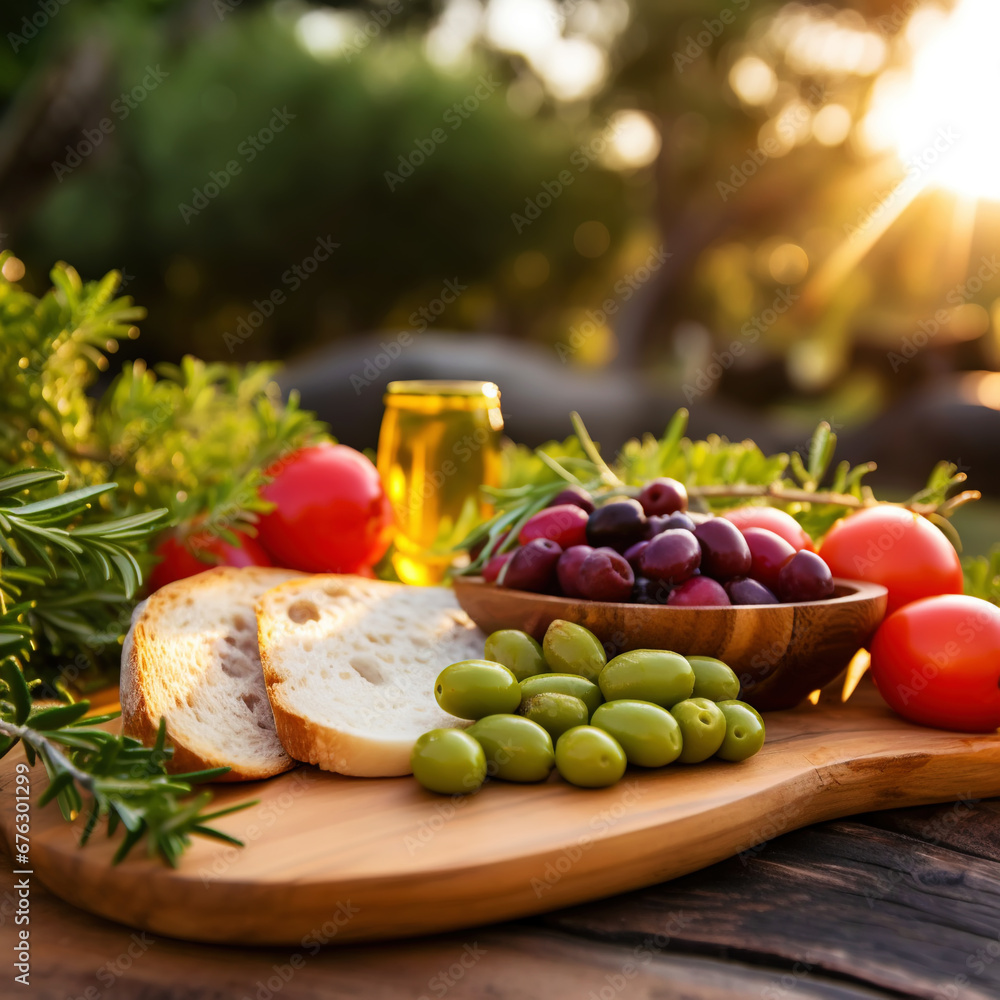 Mediterranean brunch with delicious tomatoes, ciabatta, olives, rosemary and cheese in an olive garden. Generative AI