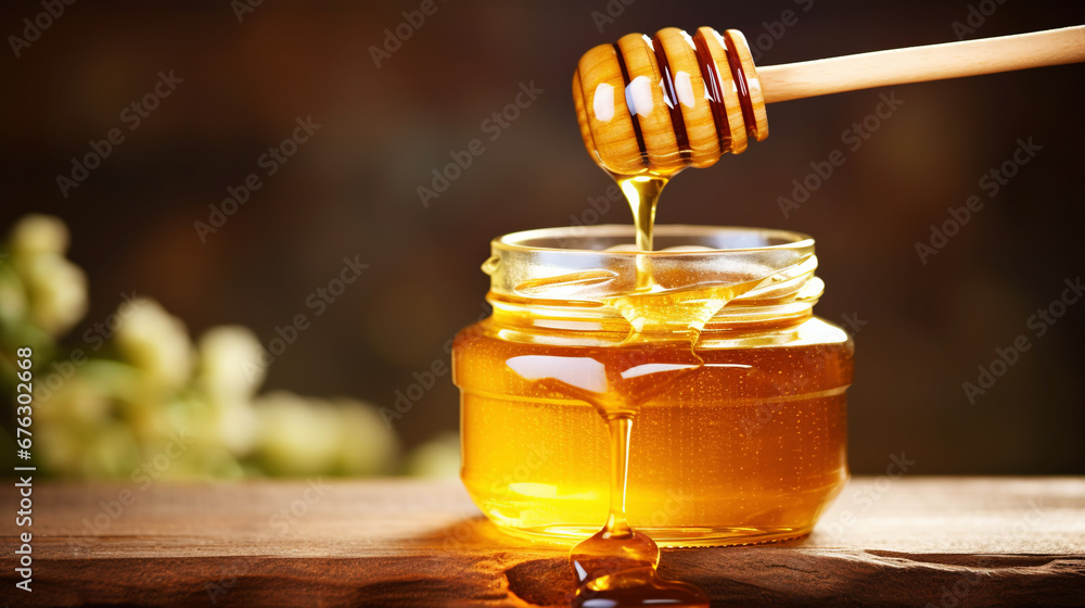 Close-up of a jar of honey with a honey dipper on a wooden table with a green natural background. Generative AI