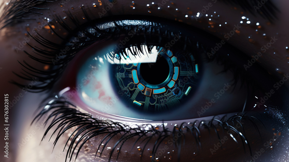 Female android robot eye close up. Digital iris of cyber woman. Bionic technology concept. Generative AI