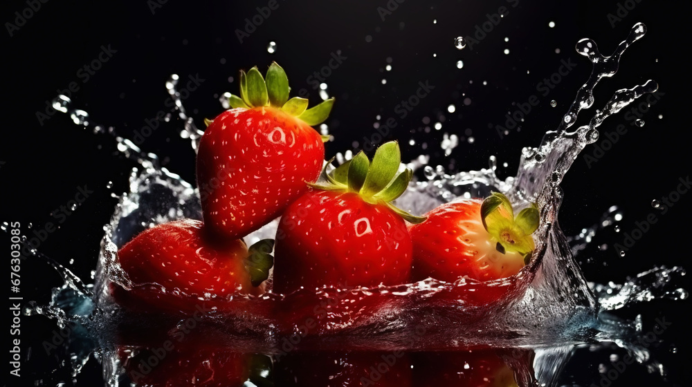 Fresh strawberry with water splashes on dark background. Generative AI