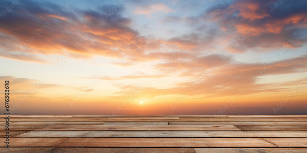 Wood table mockup with sunrise majestic sky background. Empty copy space for product presentation. Generative AI