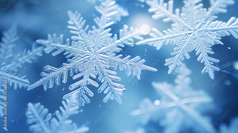 Close up of a glossy snowflake, macro photo of snow crystals on blue background. Generative AI