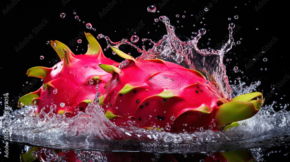 Fresh pitaya with water splashes on dark background. Generative AI