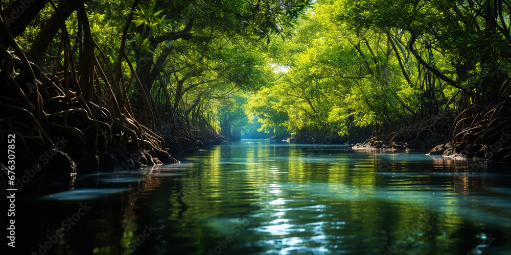 Mangrove forest and calm river in the morning. Minimalist landscape. Generative AI