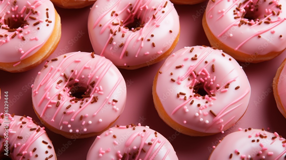 Delicious pink glamorous donuts with glaze on light background with copy space. Top view. Generative AI