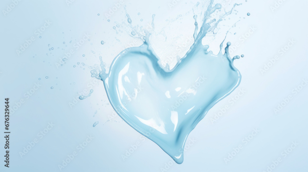 White heart made of cream and water splashes on a light blue background. Cosmetic love concept. Generative AI