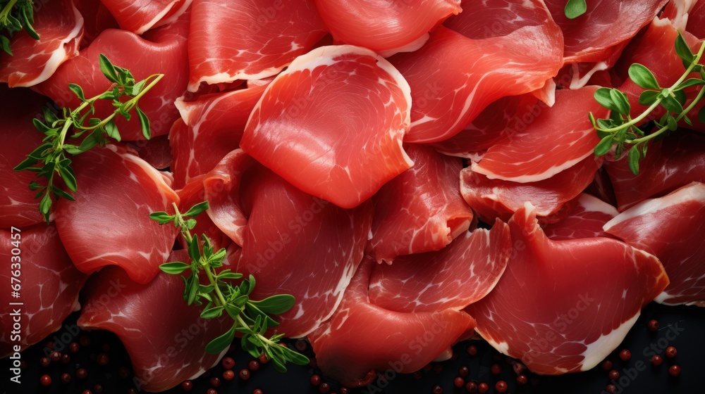 Close-up of sliced Iberico ham with herbs and tomatoes, top side view. Generative AI