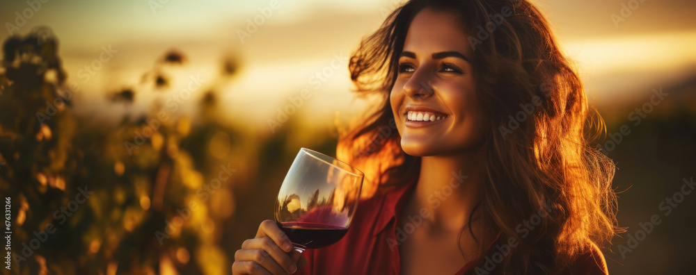 Portrait of a beautiful smiling girl with a glass of wine with a blurred backdrop of vineyard on a sunset. Generative AI