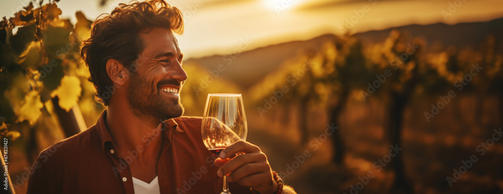 Portrait of a smiling man with a glass of wine, blurred backdrop of vineyard on a sunset. Generative AI