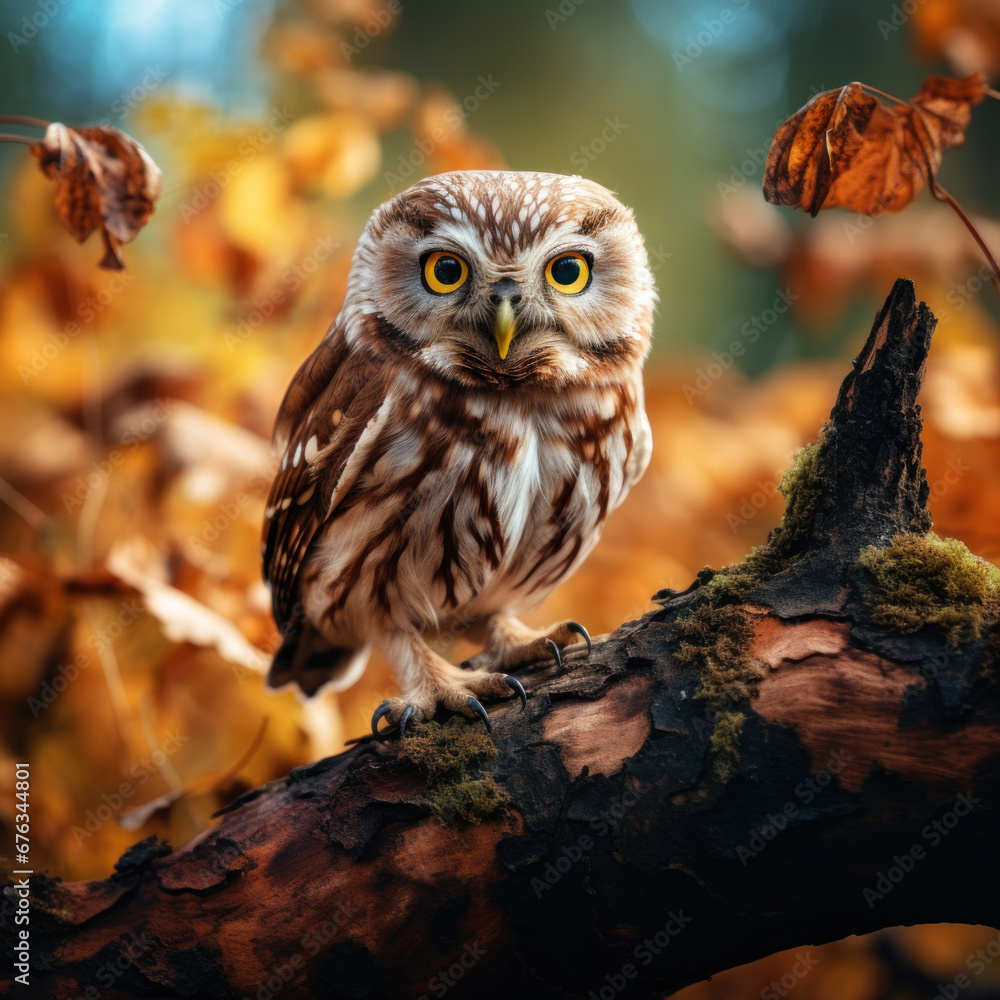 A little owl on branch in the forest.