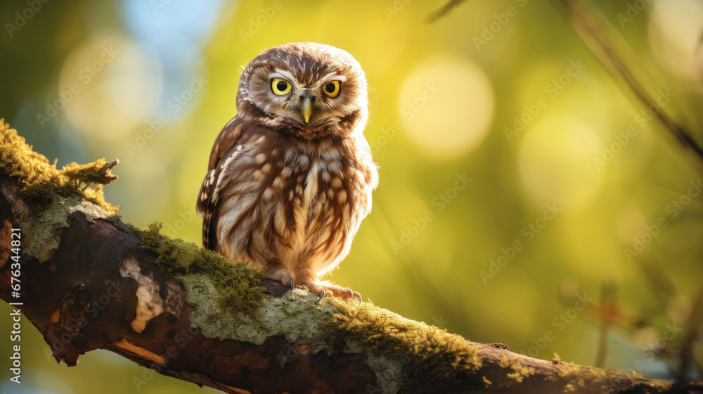 A little owl on branch in the forest.