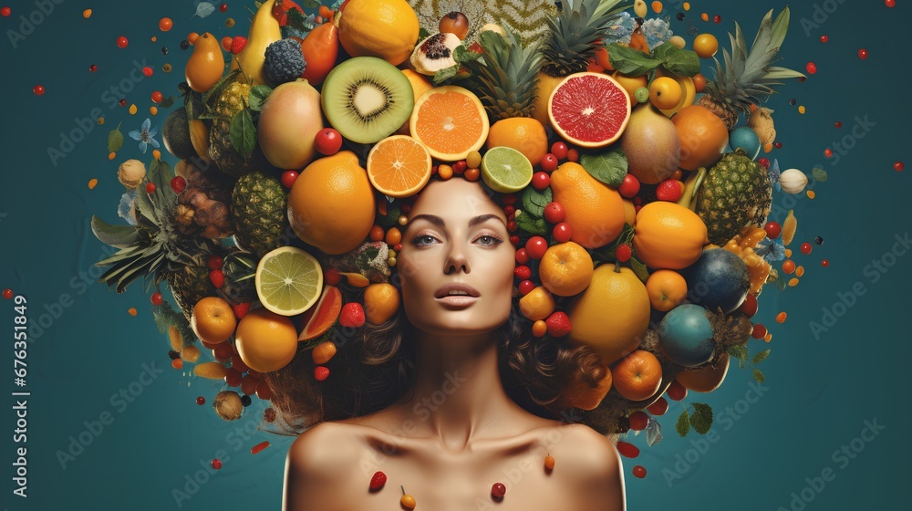 A serene woman surrounded by a vibrant array of fresh fruits artistically arranged to represent a halo, symbolizing a holistic approach to health and wellbeing.