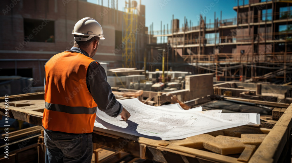 An Engineer working at construction site, real estate project in city.