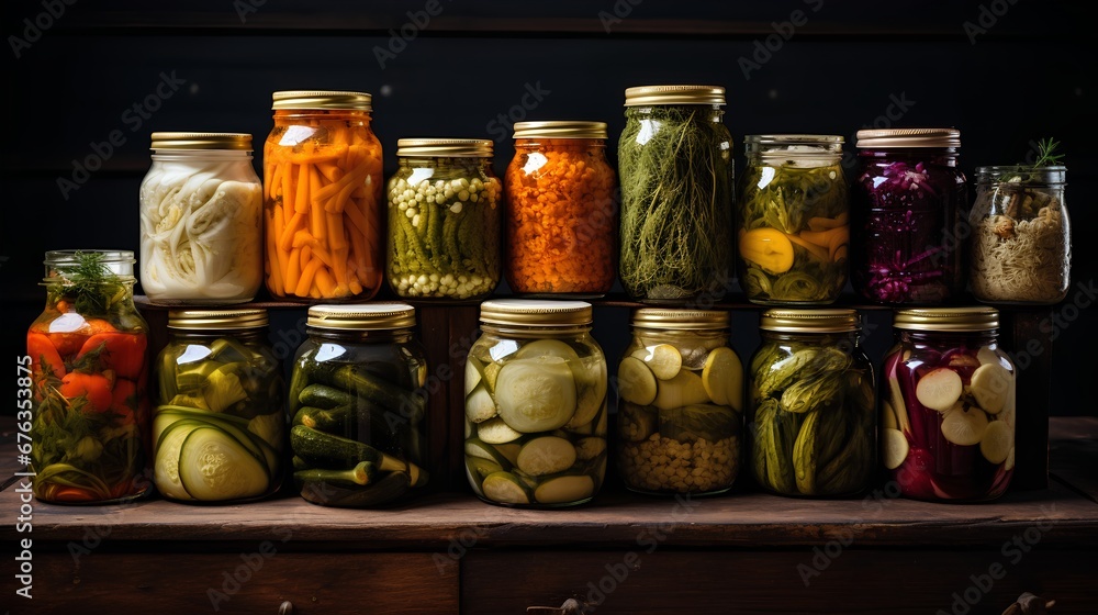 A vibrant collection of assorted fermented foods displayed in clear glass jars, featuring a colorful array of textures and hues from vegetables and fruits, symbolizing healthy probiotic rich cuisine.