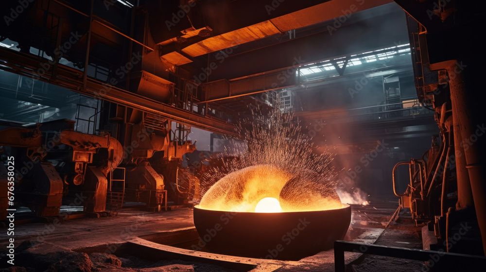 Foundry ladle pouring molten metal in steel industry factory.