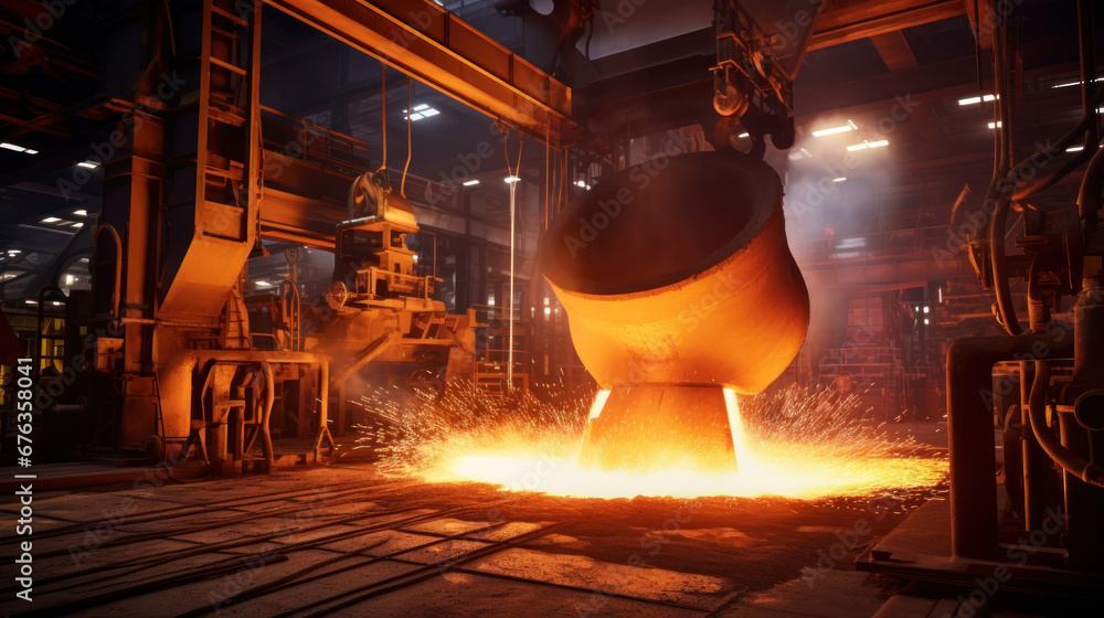 Foundry ladle pouring molten metal in steel industry factory.