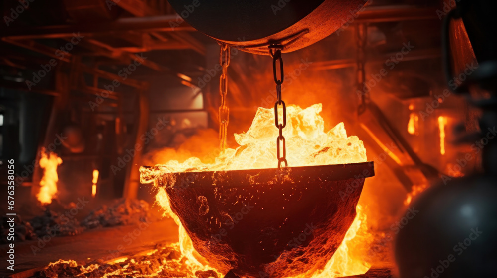 Foundry ladle pouring molten metal in steel industry factory.