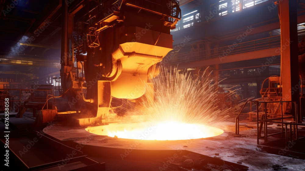 Foundry ladle pouring molten metal in steel industry factory.